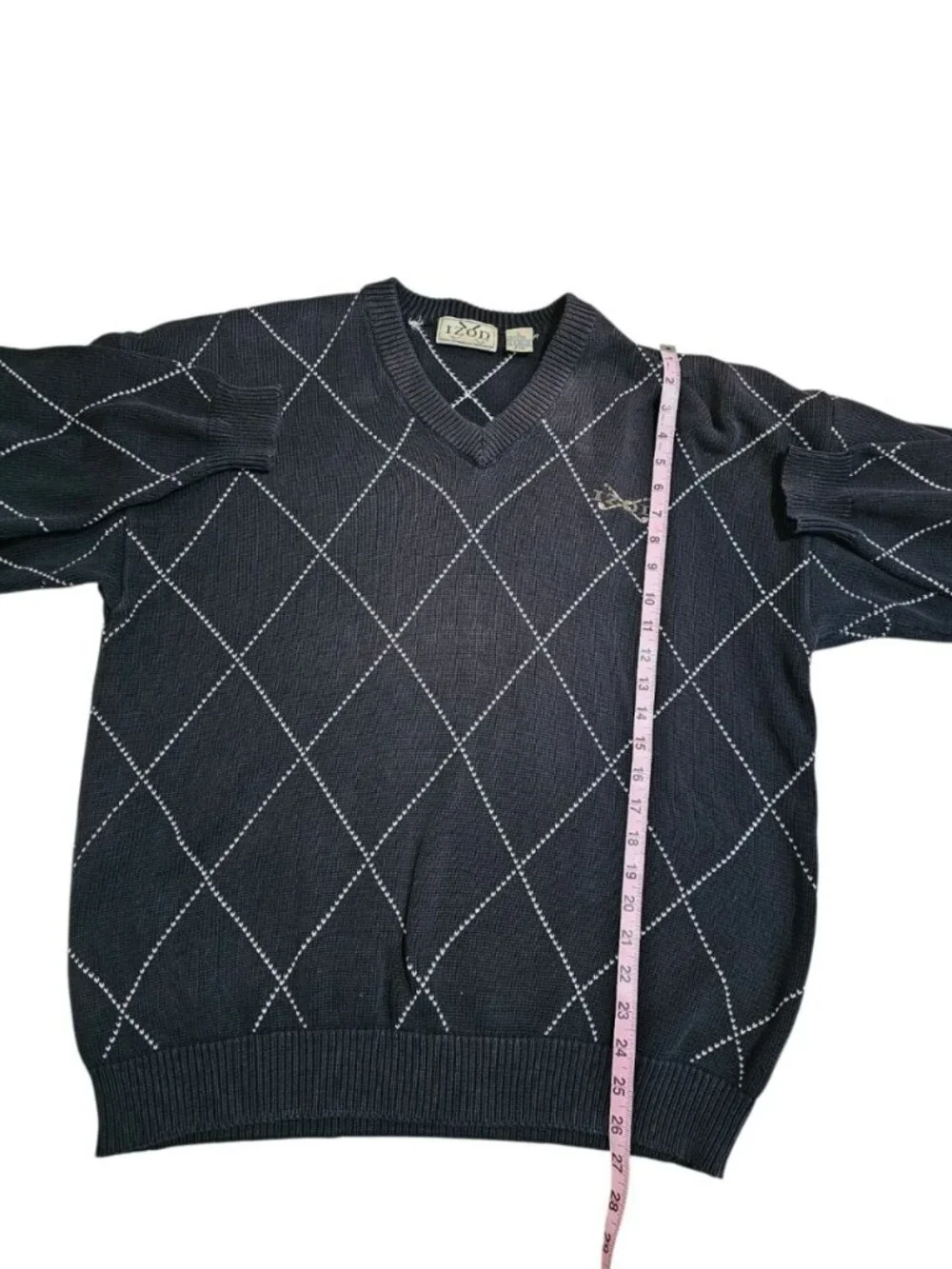 Izod Men L Sweater Navy Blue V-Neck Argyle Cotton Heritage Golf Preppy Essential